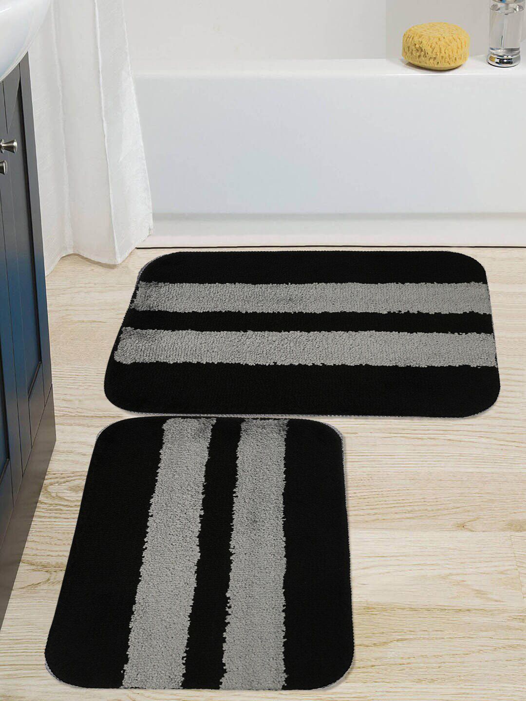 HOSTA HOMES Black & Grey Set of 2 Anti-Skid Striped Door Mats Price in India