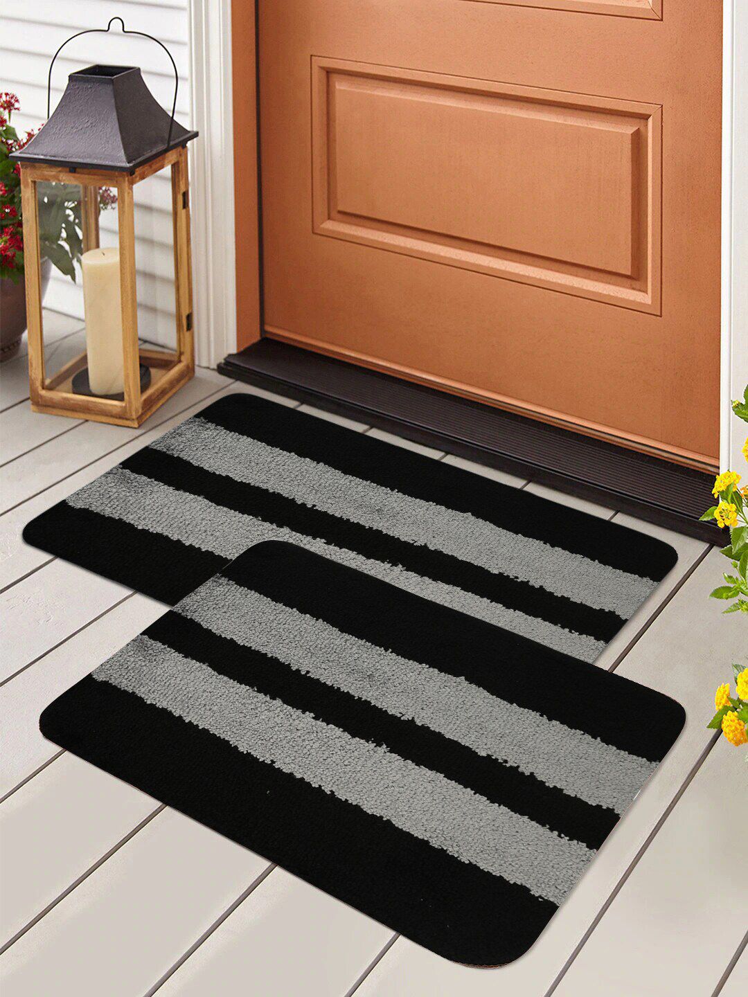 HOSTA HOMES Set Of 2 Black & Grey Striped Anti-Skid Rectangular Doormats Price in India