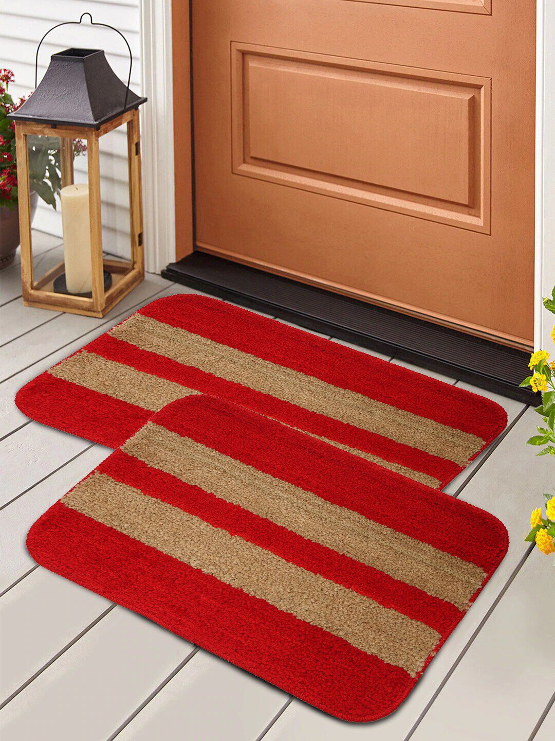 HOSTA HOMES Set Of 2 Red & Tan-Brown Striped Anti-Skid Doormats Price in India