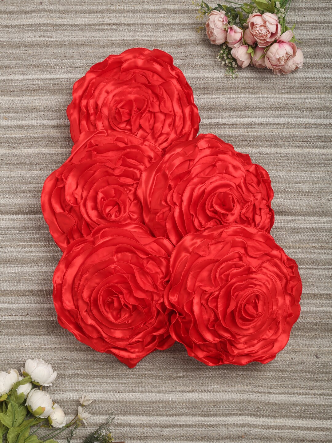 HOSTA HOMES Red Set of 5 Satin 40.6 cm x 40.6 cm Round Floral Cushion Covers with Fillers Price in India