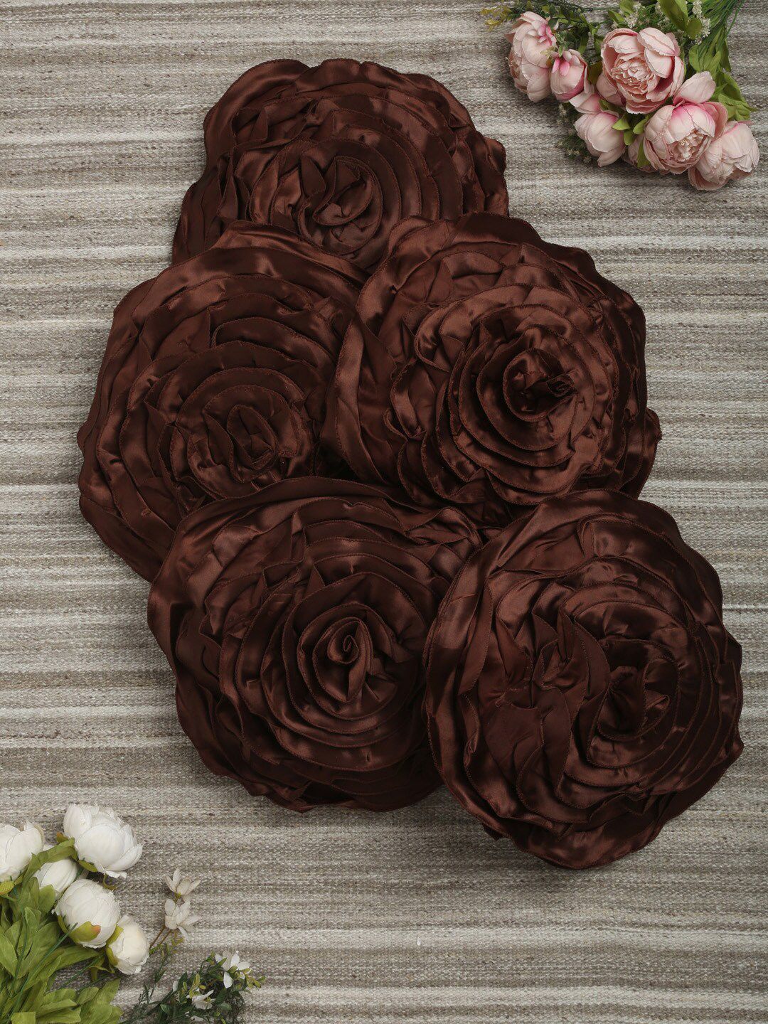 HOSTA HOMES Brown Set of 5 Satin Round Cushion Covers Price in India