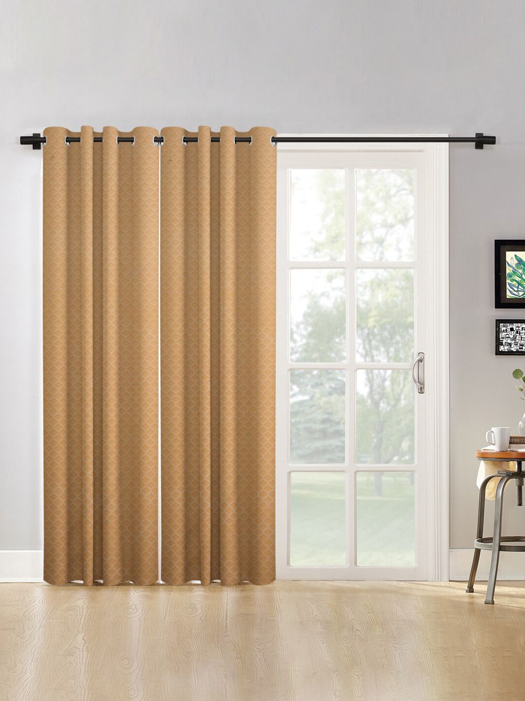 HOSTA HOMES Cream-Coloured Set of 2 Geometric Long Door Curtain Price in India