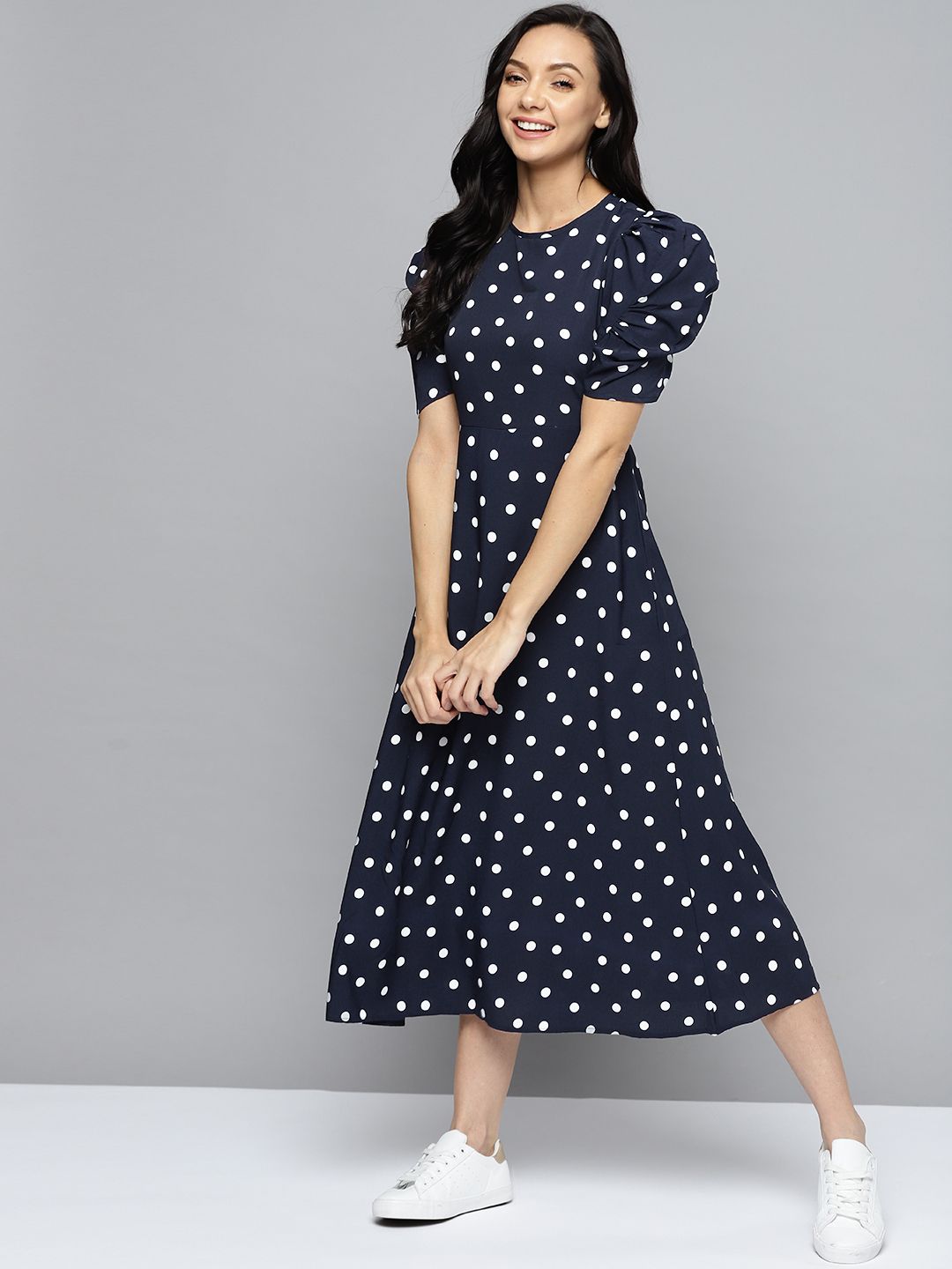 Mast & Harbour Navy Blue & White Polka Dots Printed Midi Fit & Flare Dress Price in India