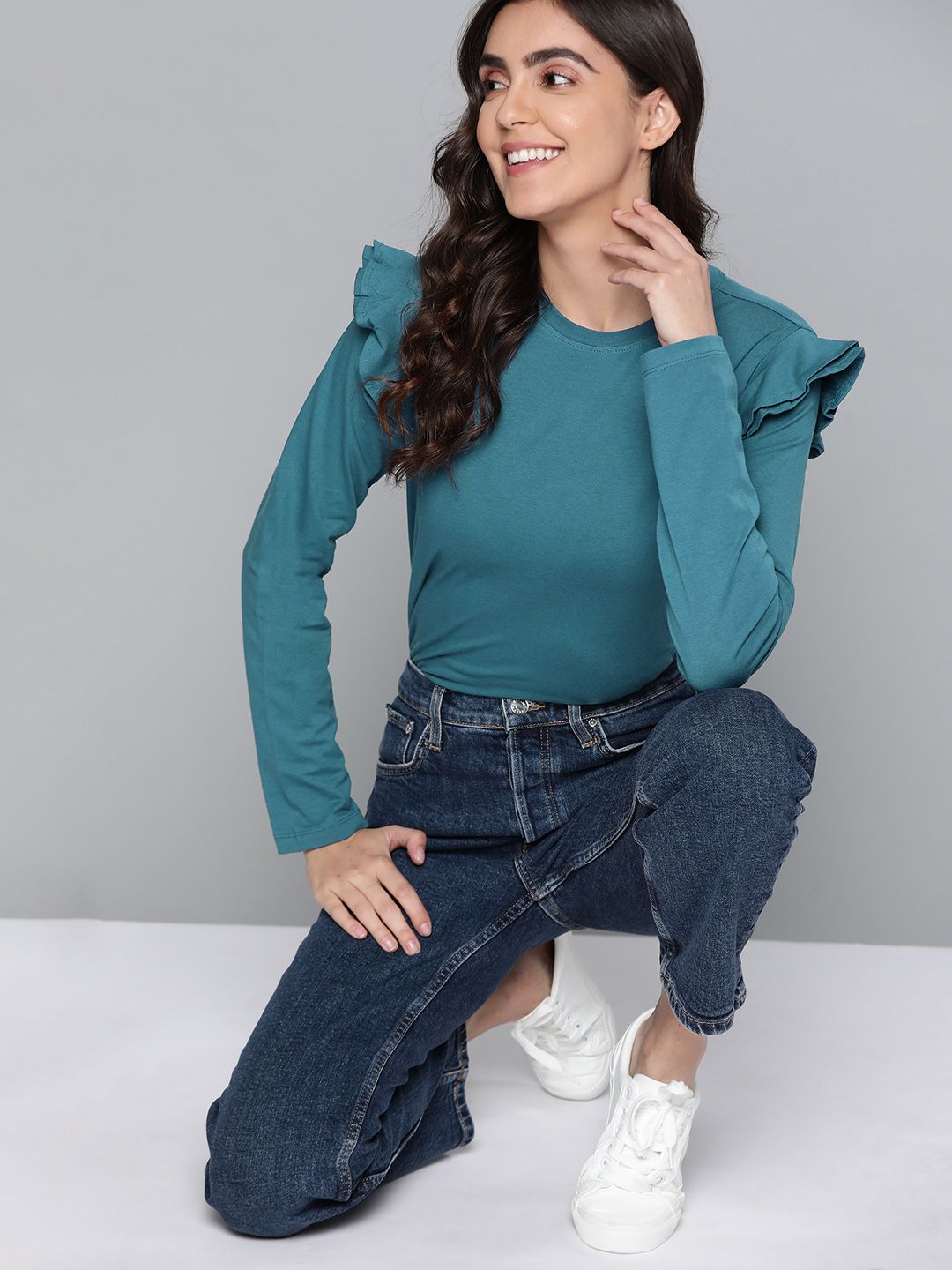 Mast & Harbour Women Teal Blue Solid Ruffles Top