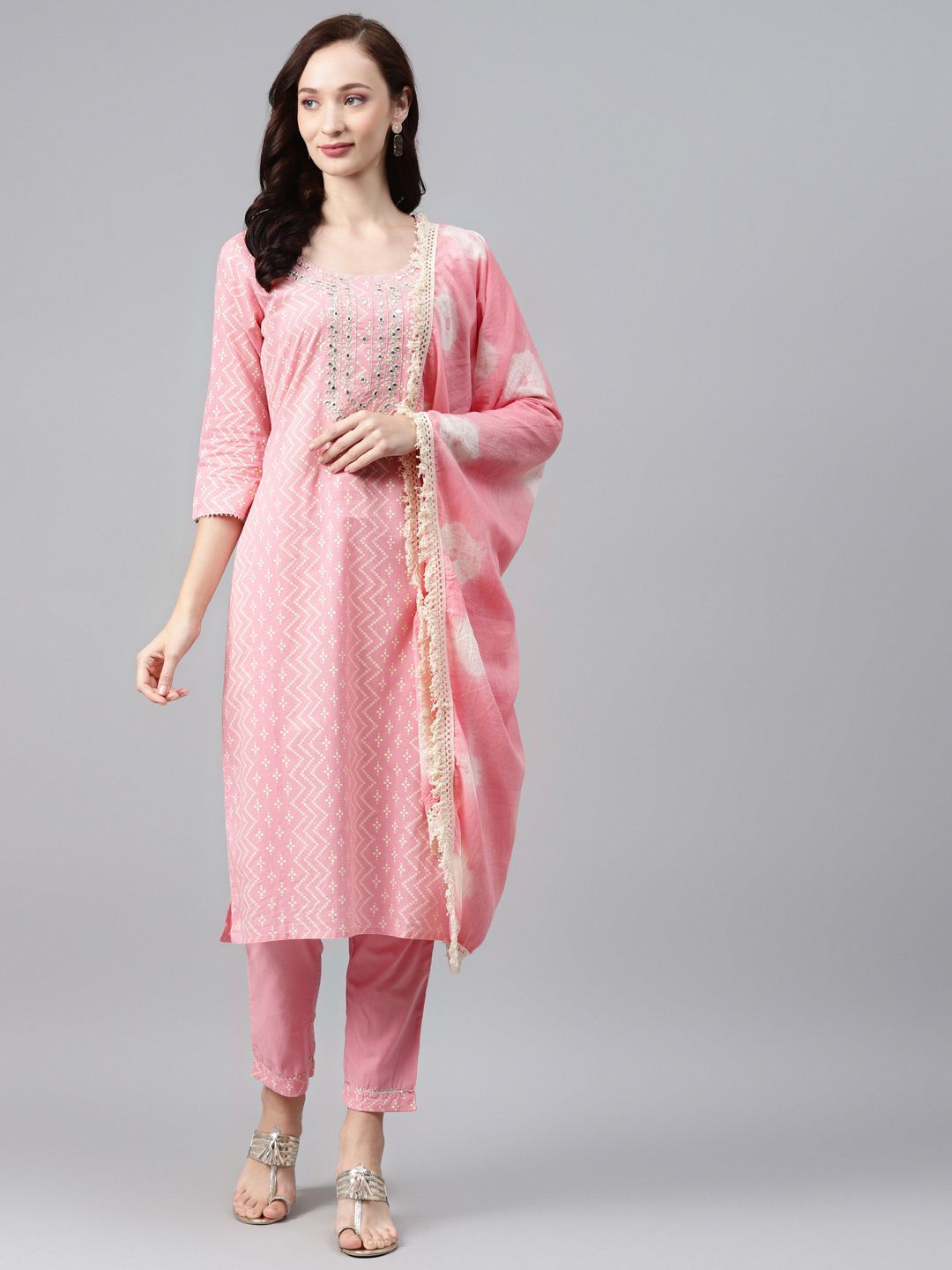 Anubhutee Women Pink Bandhani Printed Thread Work Pure Cotton Kurta with Trousers & With Dupatta