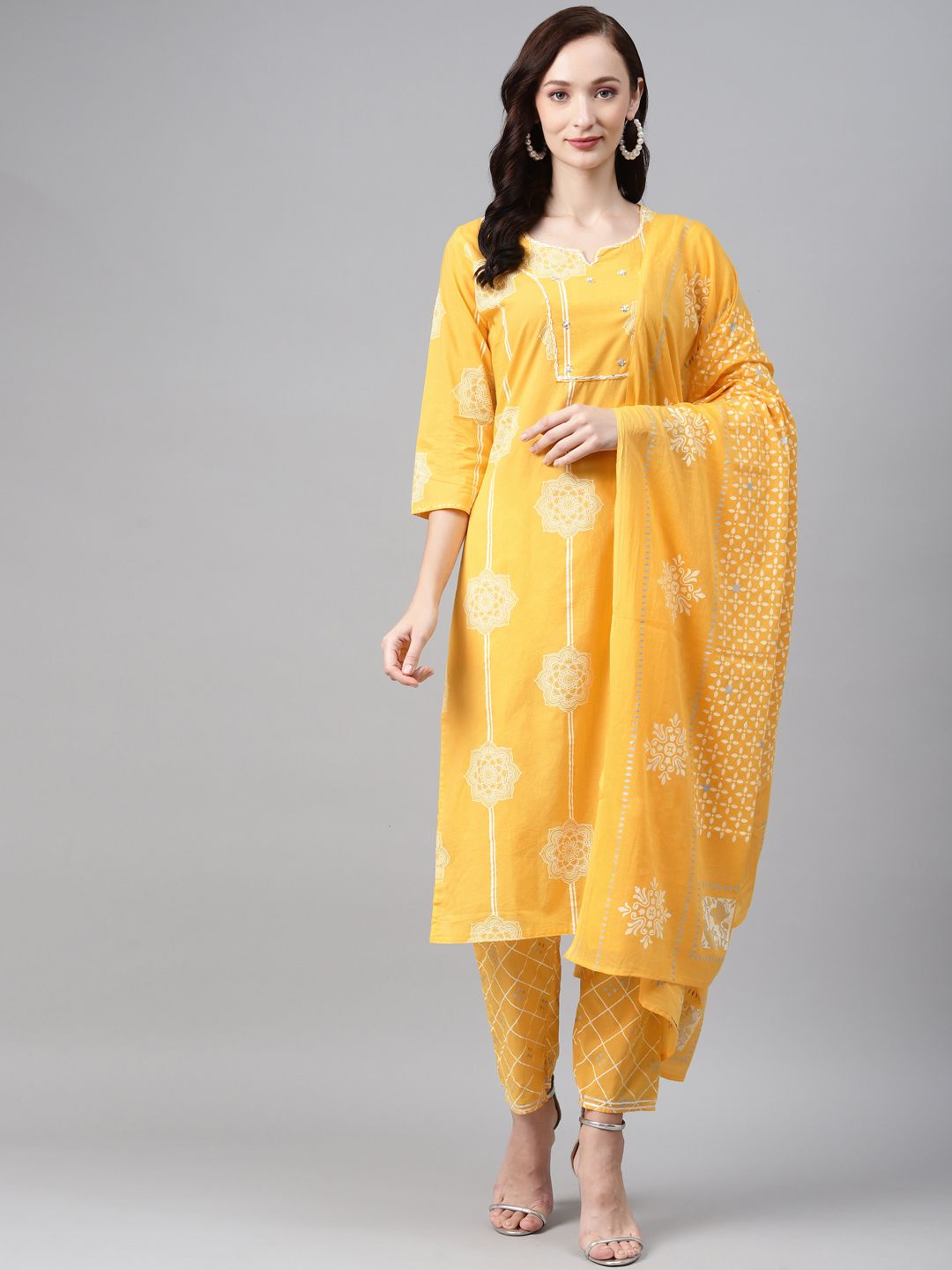 Anubhutee Women Yellow Ethnic Motifs Printed Sequinned Pure Cotton Kurta with Trousers & With Dupatta