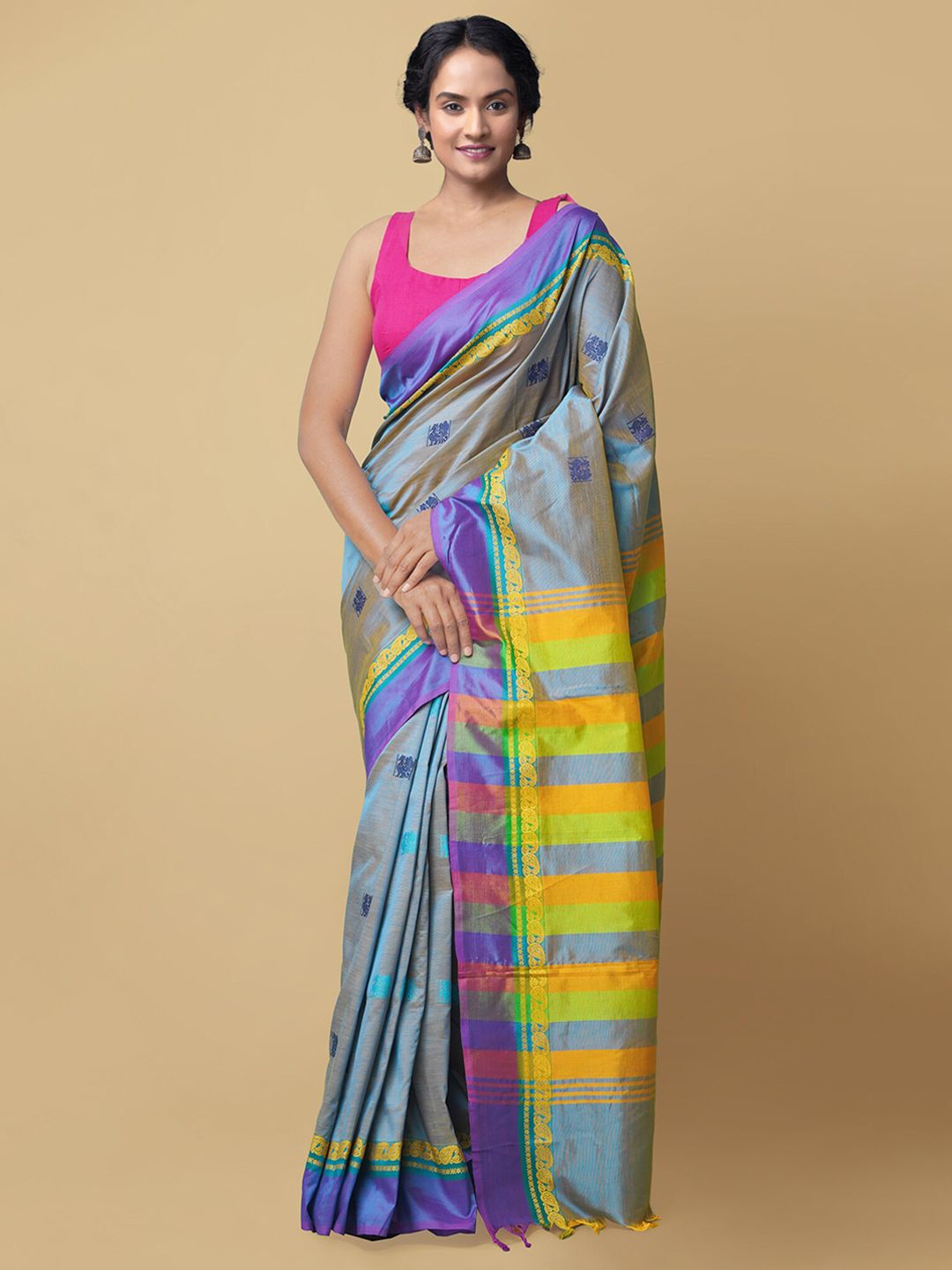 Unnati Silks Blue & Orange Woven Design Handloom Chettinad Sustainable Saree