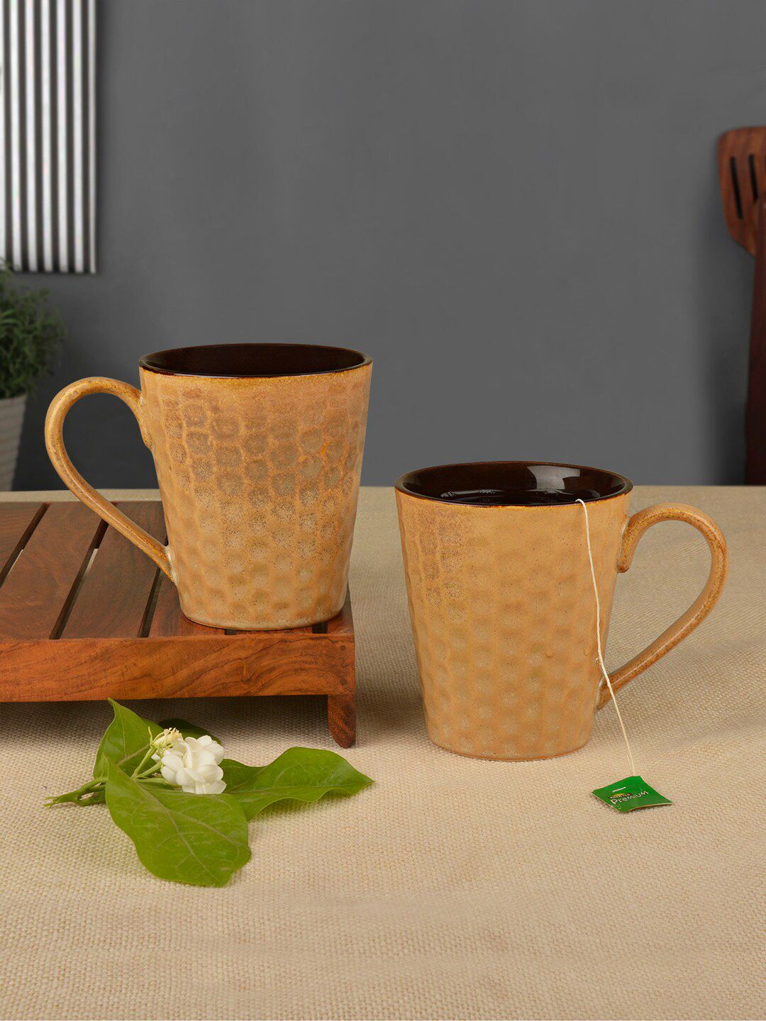 StyleMyWay Set Of 2 Yellow & Brown Handcrafted Textured Ceramic Glossy Mugs Price in India