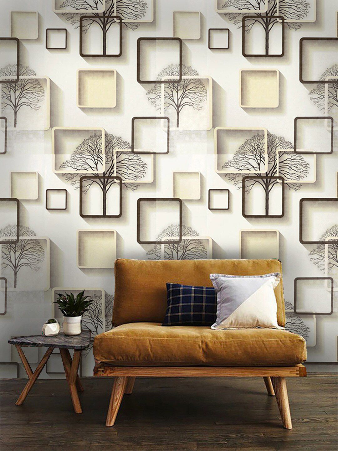 Jaamso Royals White & Brown Square Patterned Self-Adhesive Waterproof Wallpaper Price in India
