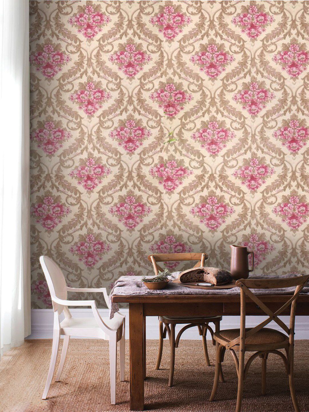 Jaamso Royals Pink & Beige Vintage Damask Self-Adhesive & Waterproof Wallpaper Price in India