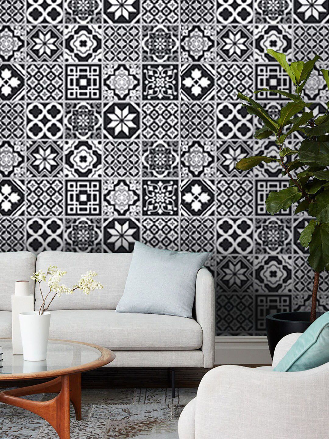 Jaamso Royals Black & White Mosaic Tile Self-Adhesive Waterproof Wallpaper Price in India