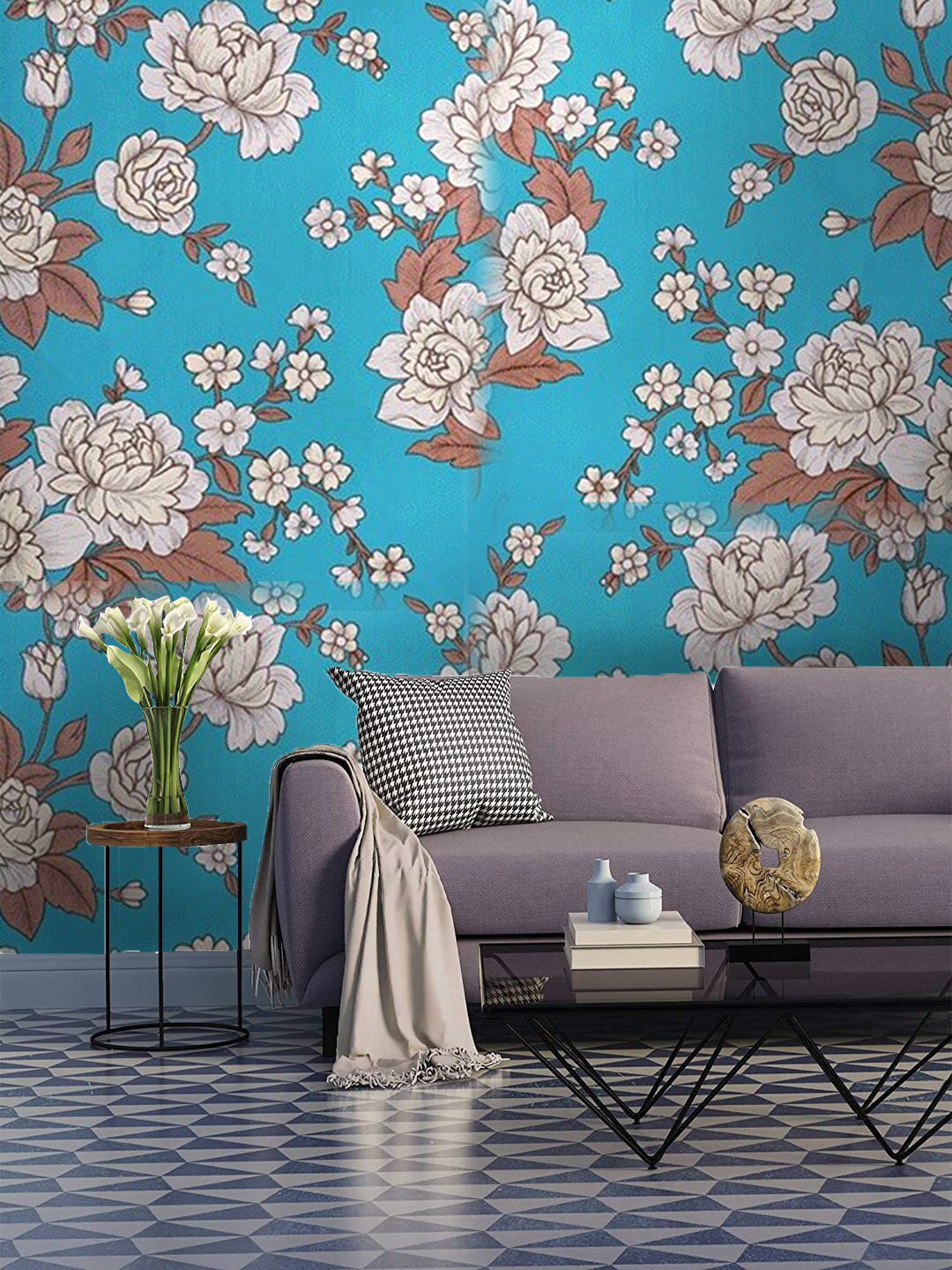 Jaamso Royals Turquoise Blue Self-adhesive & Waterproof Flower With Leaves Wallpaper Price in India