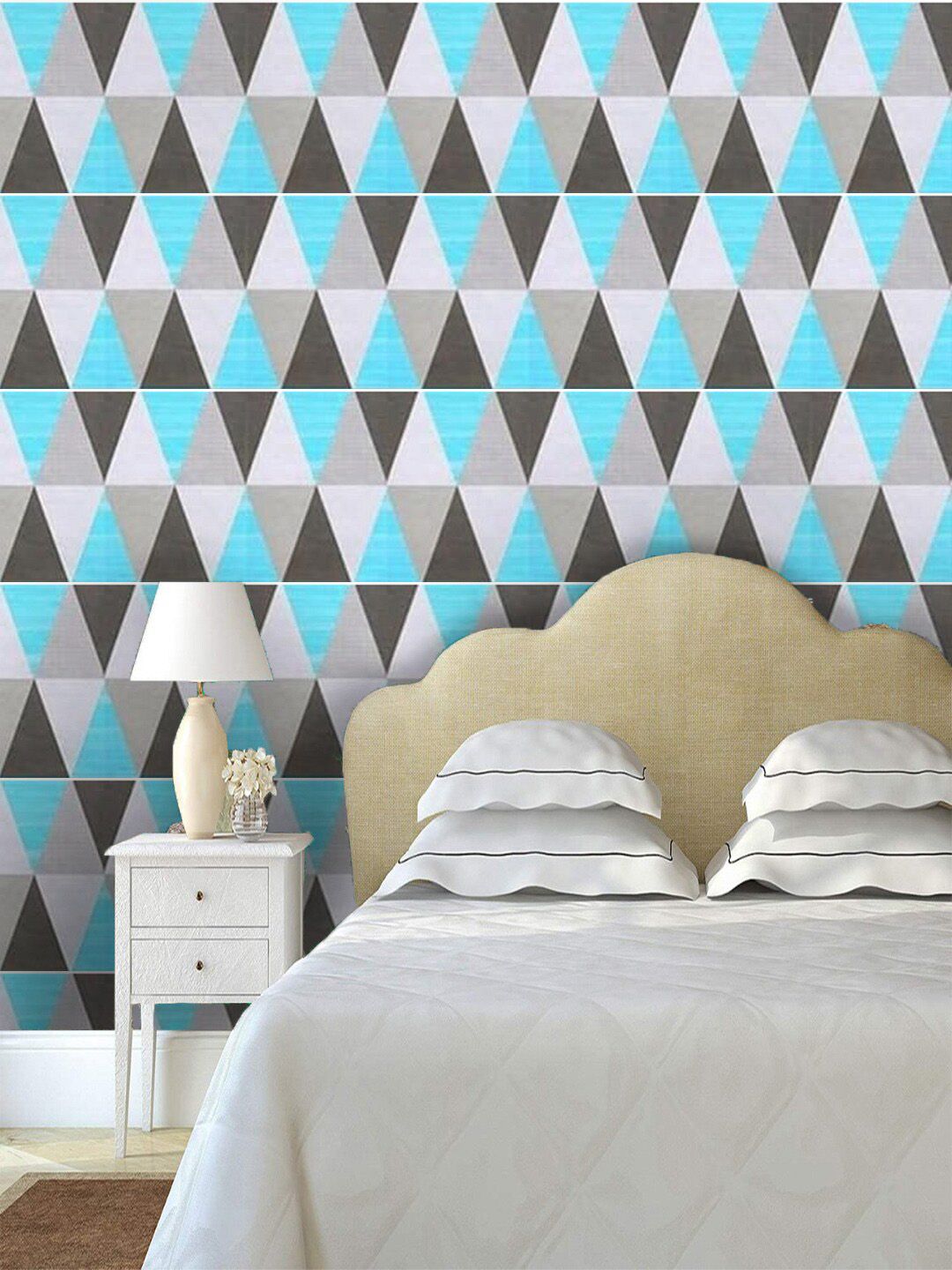 Jaamso Royals Turquoise Blue & Grey Geometric Design Self-Adhesive Waterproof Wallpaper Price in India