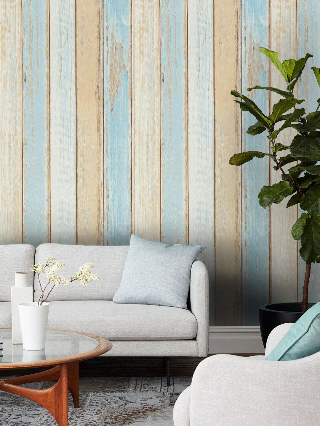 Jaamso Royals Beige & Blue Wood Textured Self-Adhesive Waterproof Wallpaper Price in India