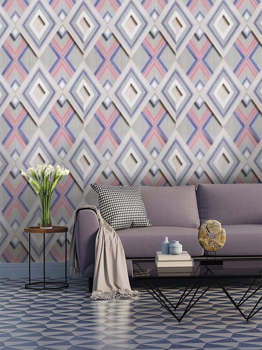 Jaamso Royals Pink & Grey Self-Adhesive & Waterproof Geometric Wallpaper Price in India