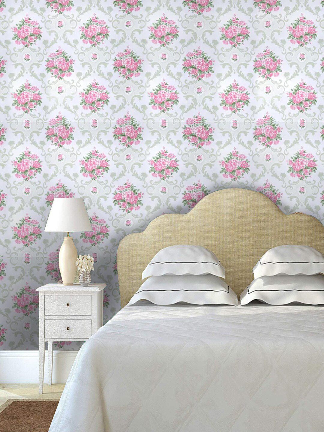 Jaamso Royals Pink & Green Self-adhesive & Waterproof Flower Damask Wallpaper Price in India