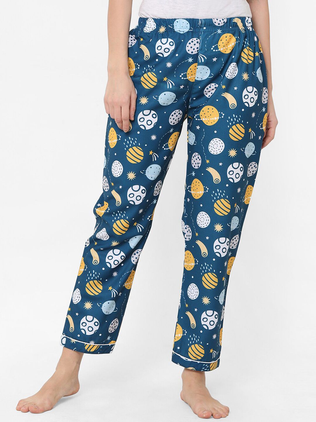 FashionRack Women Teal Blue Galaxy Printed Cotton Lounge Pants Price in India