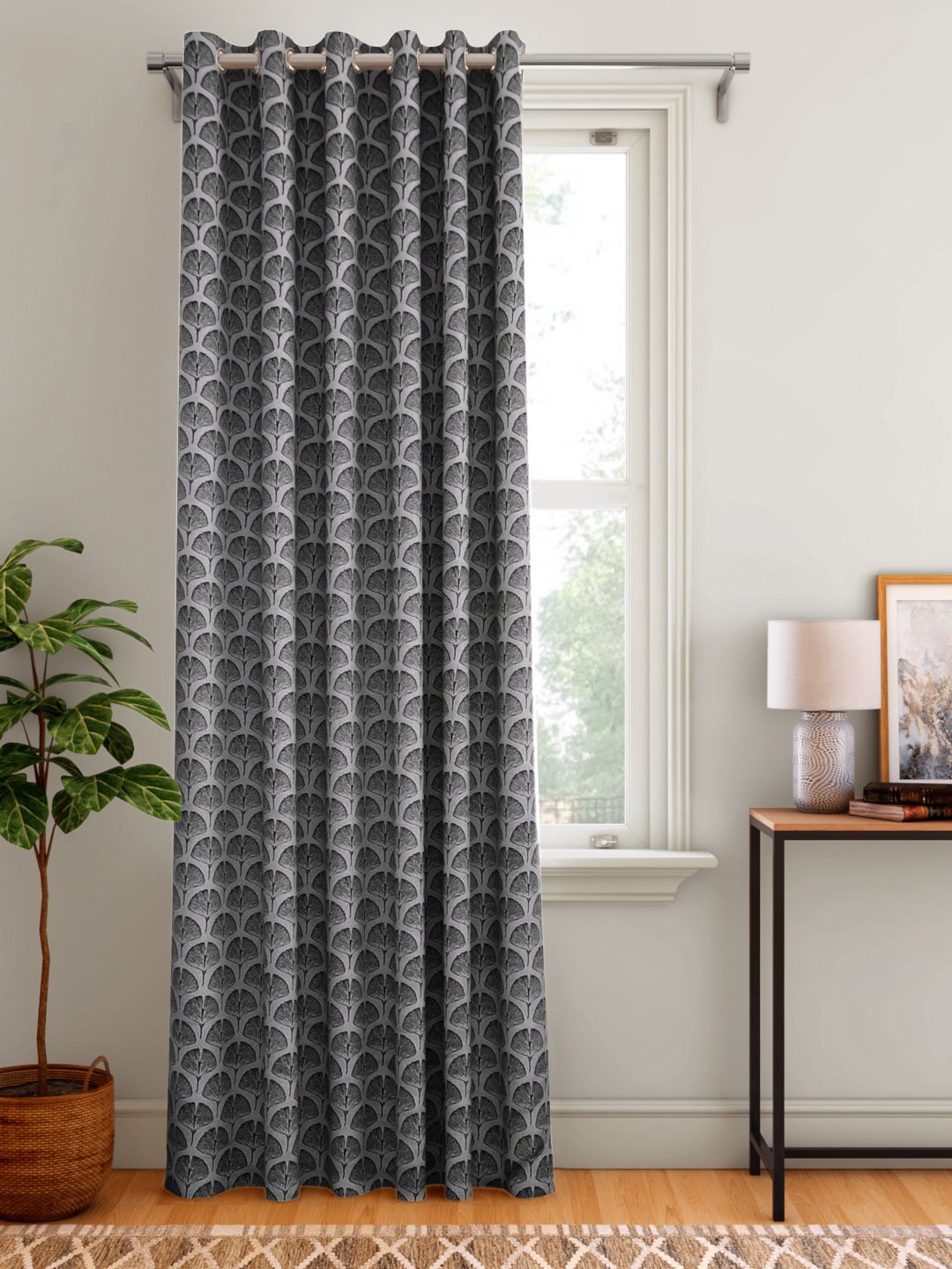 Aura Grey & Black Leaf Patterned Door Curtain Price in India