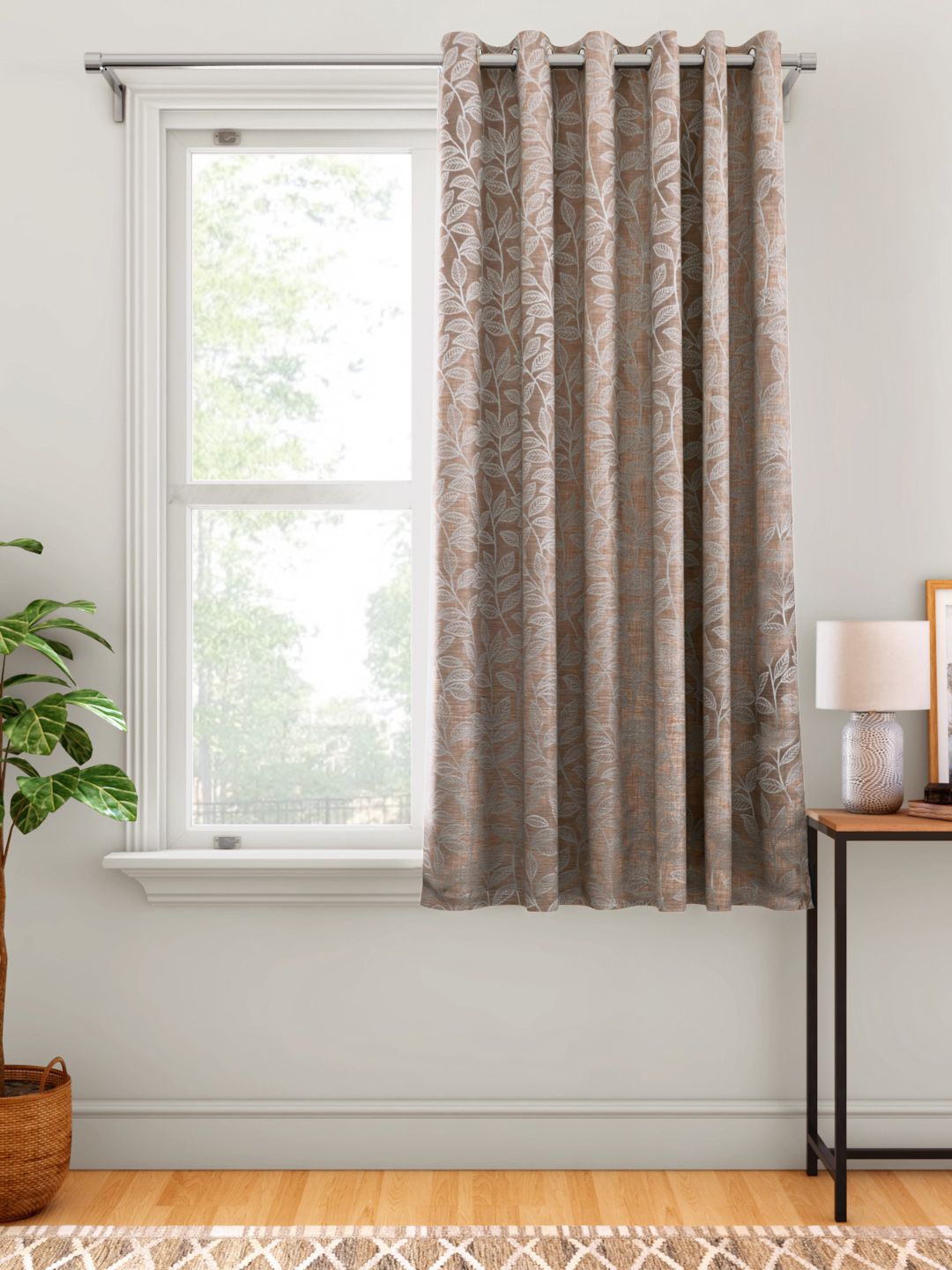 Aura Beige & White Floral Patterned Single Window Curtain Price in India