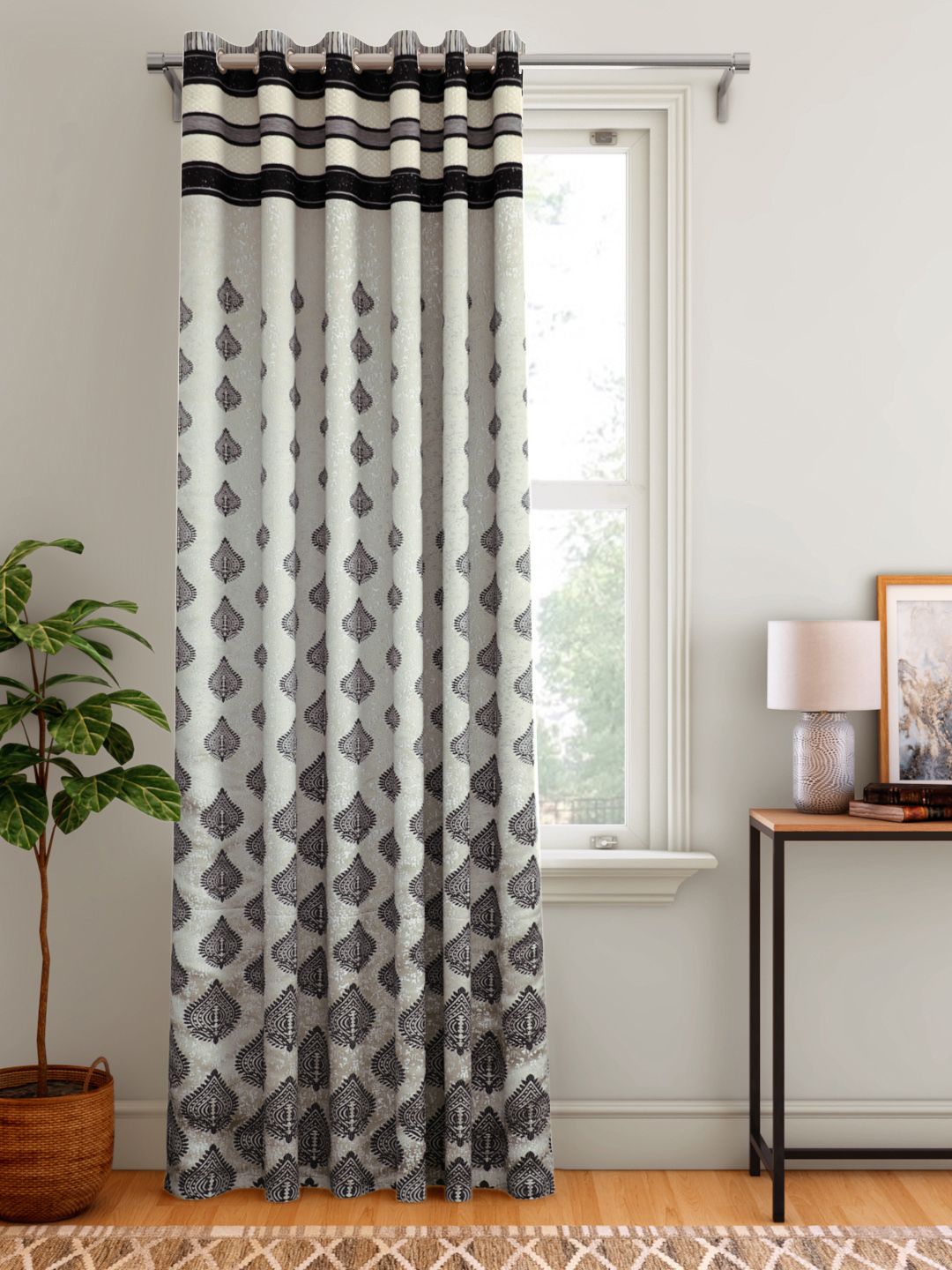 Aura Light Grey & Black Ethnic Motifs Patterned Single Door Curtain Price in India