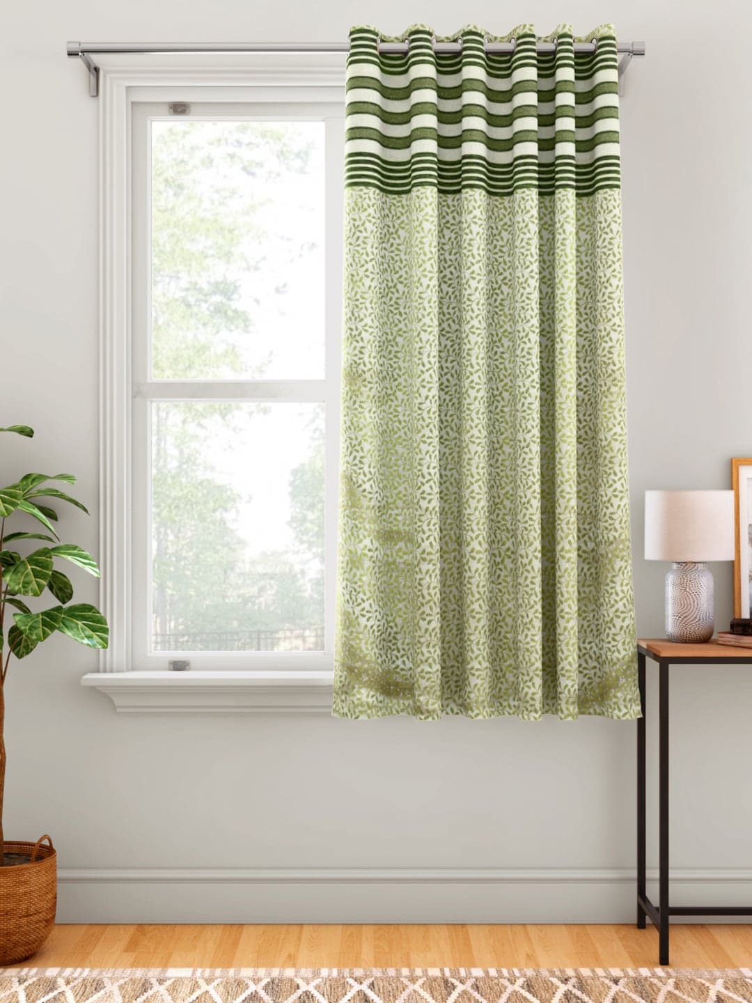 Aura White & Olive Green Floral Patterned Window Curtain Price in India