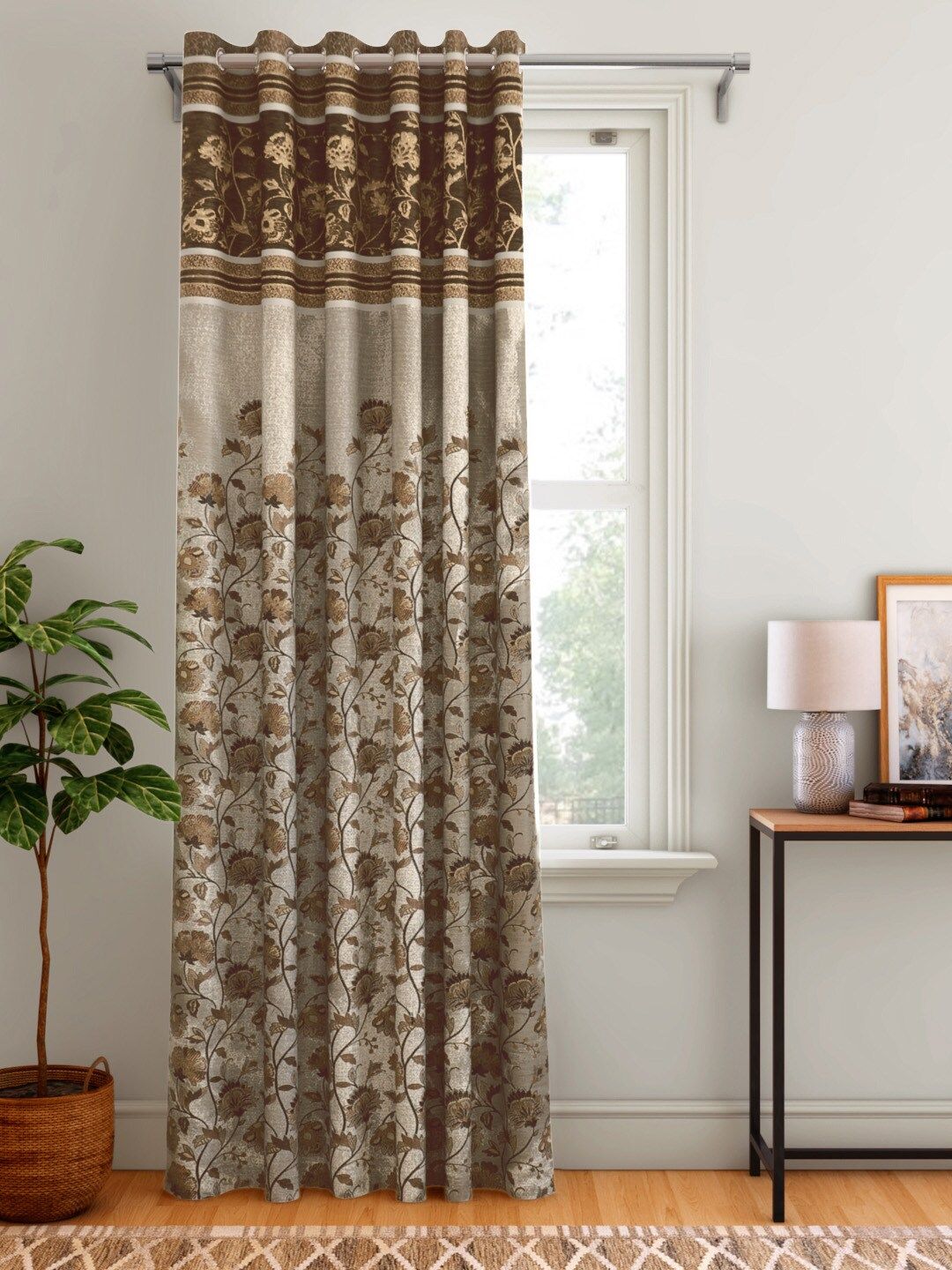 Aura Beige & Brown Floral Patterned Single Door Curtain Price in India