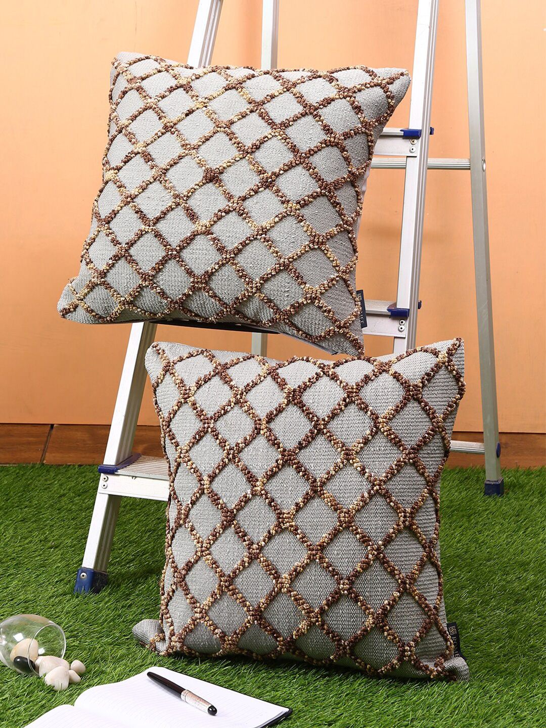 ROMEE Grey & Brown Set of 2 Geometric Square Cushion Covers Price in India