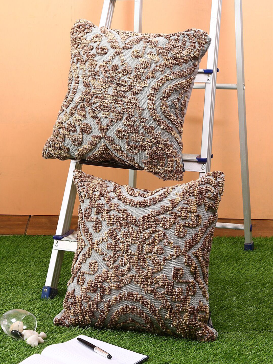 ROMEE Brown Set of 2 Ethnic Motifs Square Cushion Covers Price in India