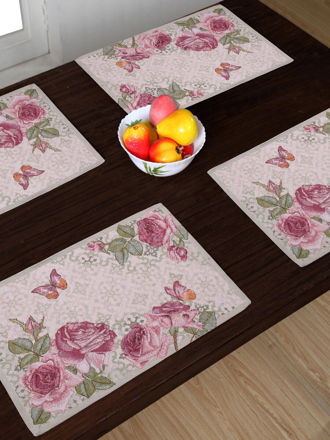 AVI Living Set Of 4 Pink & Green Floral Jaquard Woven Rectangular Table Mats Price in India