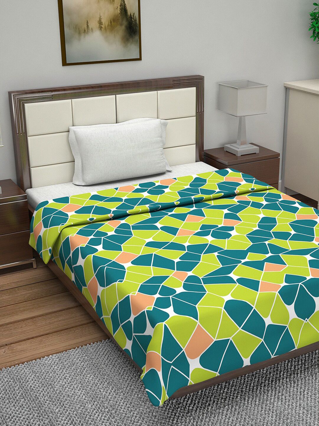 Divine Casa Lime Green & Blue Geometric AC Room 110 GSM Single Bed Dohar Price in India