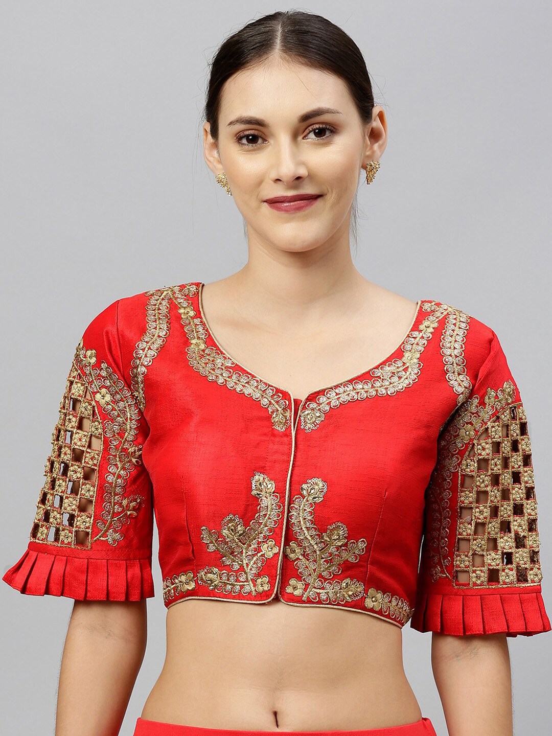 Amrutam Fab Women Red & Gold-Coloured Embroidered Phantom Silk Readymade Saree Blouse Price in India