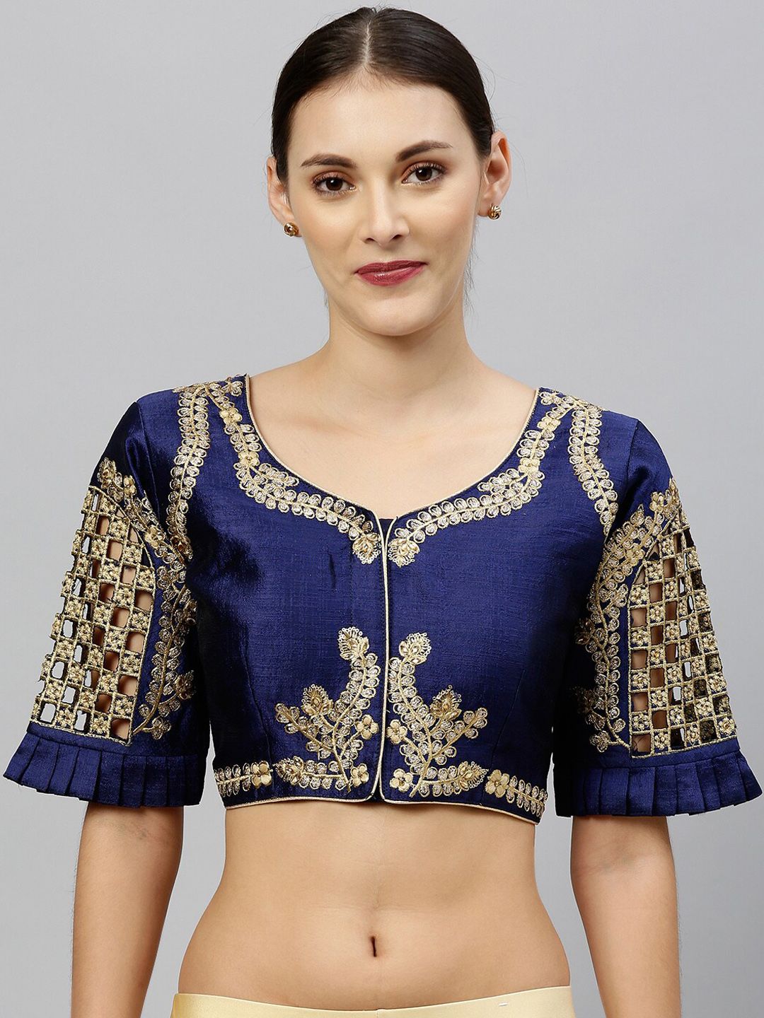 Amrutam Fab Women Navy Blue & Gold-Coloured Embroidered Silk Saree Blouse Price in India