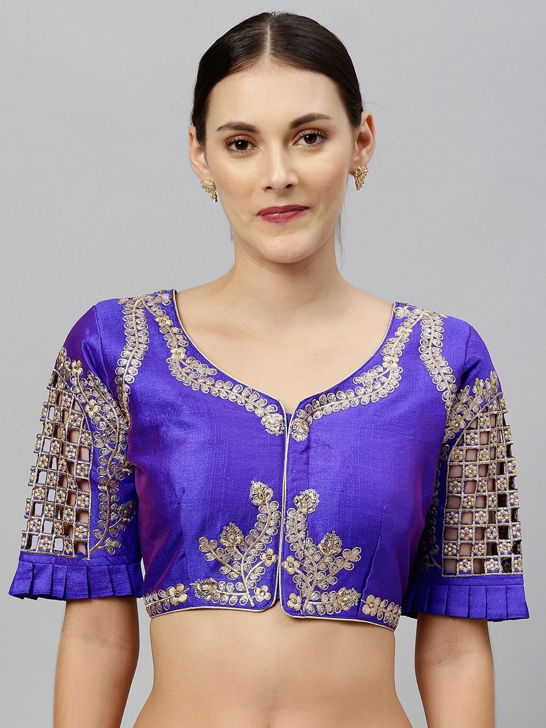 Amrutam Fab Women Blue & Gold-Coloured Embroidered Phantom Silk Saree Blouse Price in India