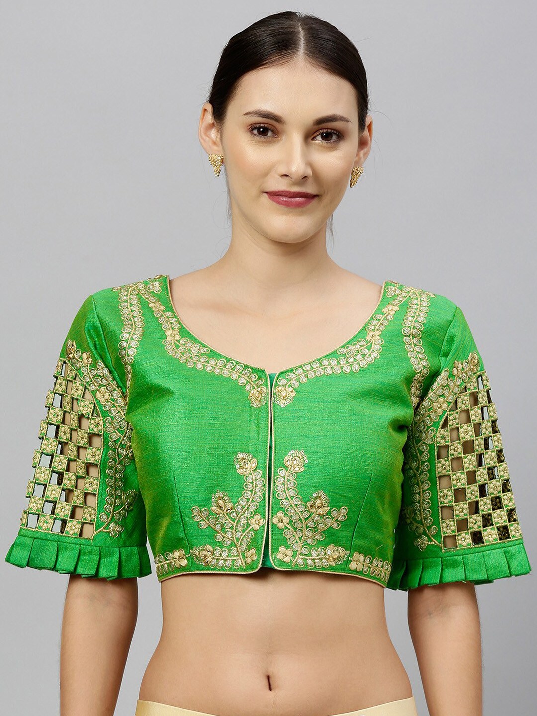 Amrutam Fab Women Green & Gold-Coloured Zari Embroidered Phantom Silk Saree Blouse Price in India