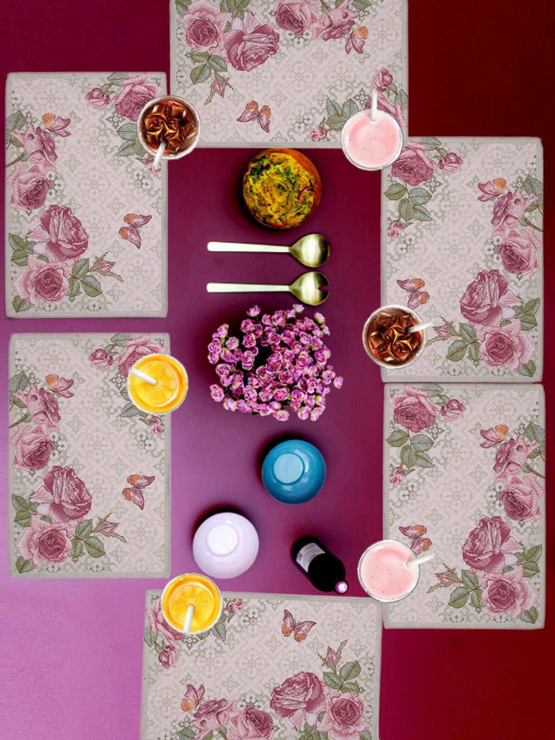 AVI Living Set Of 6 Pink & Green Jaquard Woven Tablemats Price in India