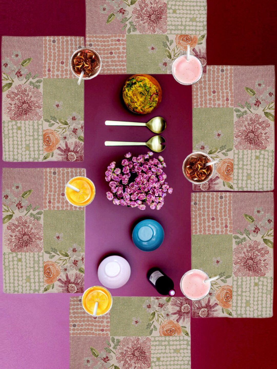 AVI Living Set Of 6 Olive-Green & Pink Jaquard Woven Tablemats Price in India