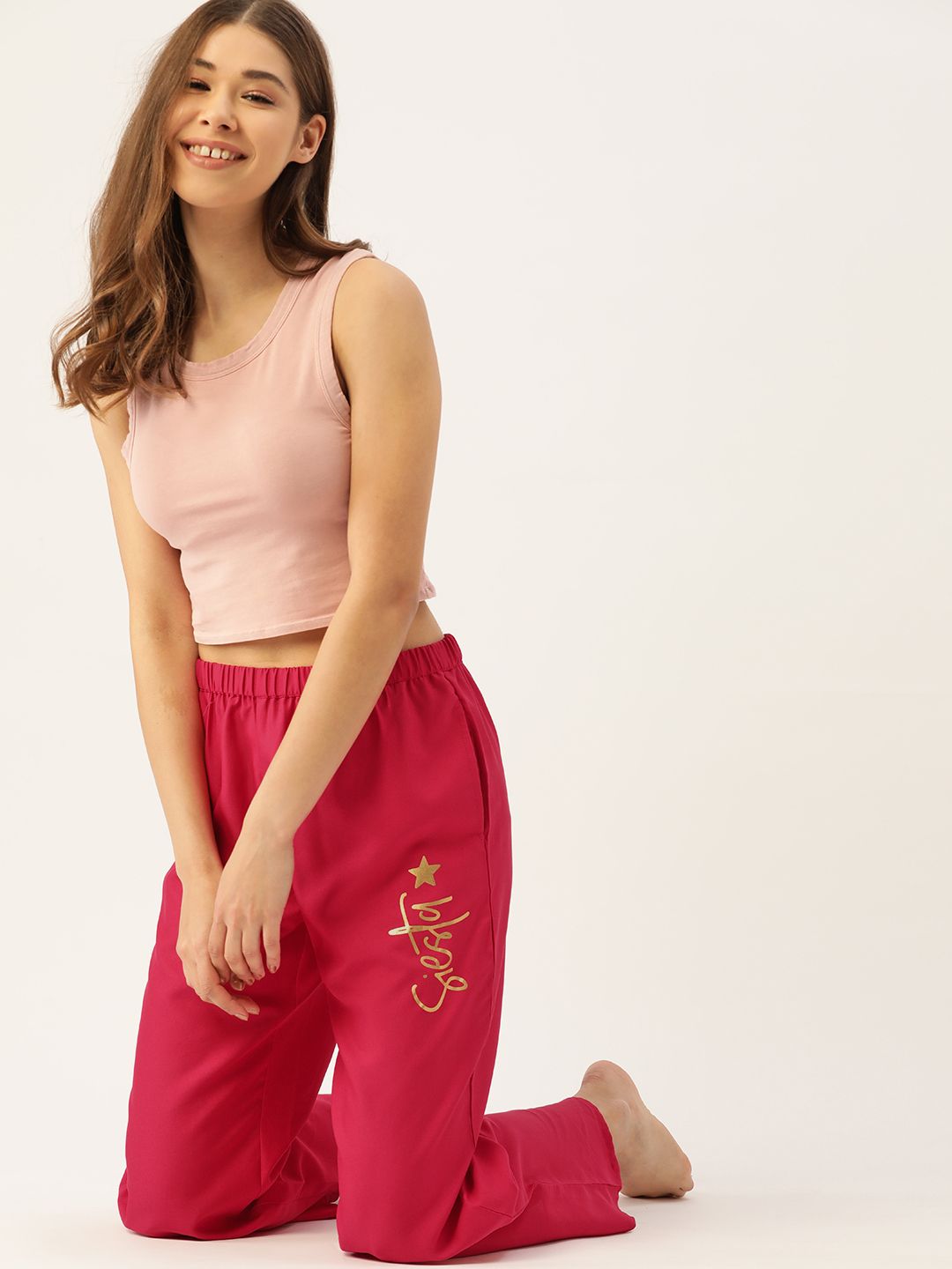 DressBerry Women Pink Solid Lounge Pants with Overlapping Detail Price in India