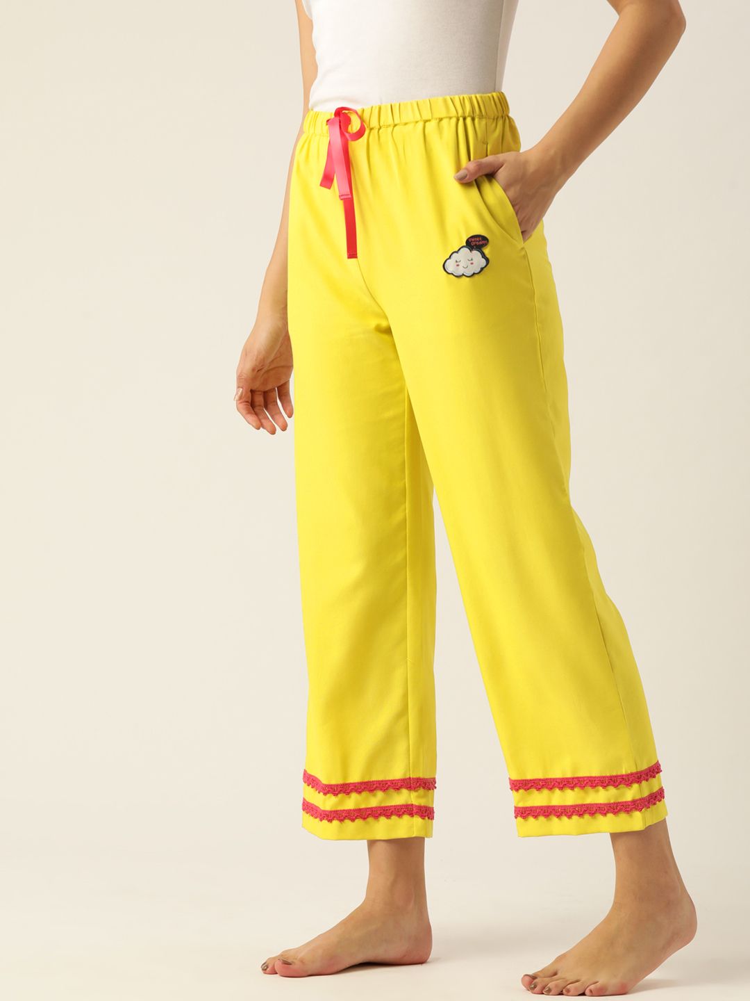 DressBerry Women Yellow Solid Cropped Lounge Pants Price in India
