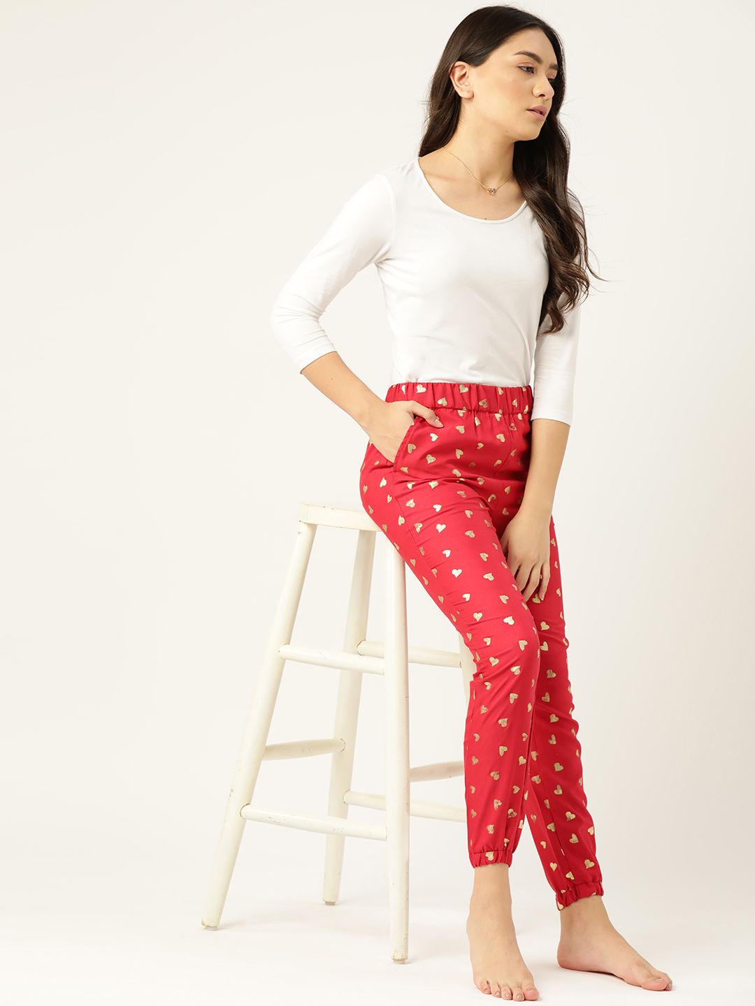 DressBerry Women Red & Golden Conversational Print Lounge Pants Price in India