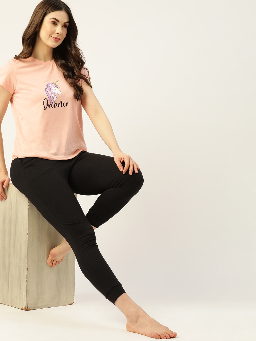 DressBerry Women Peach-Coloured Printed Lounge T-Shirt Price in India