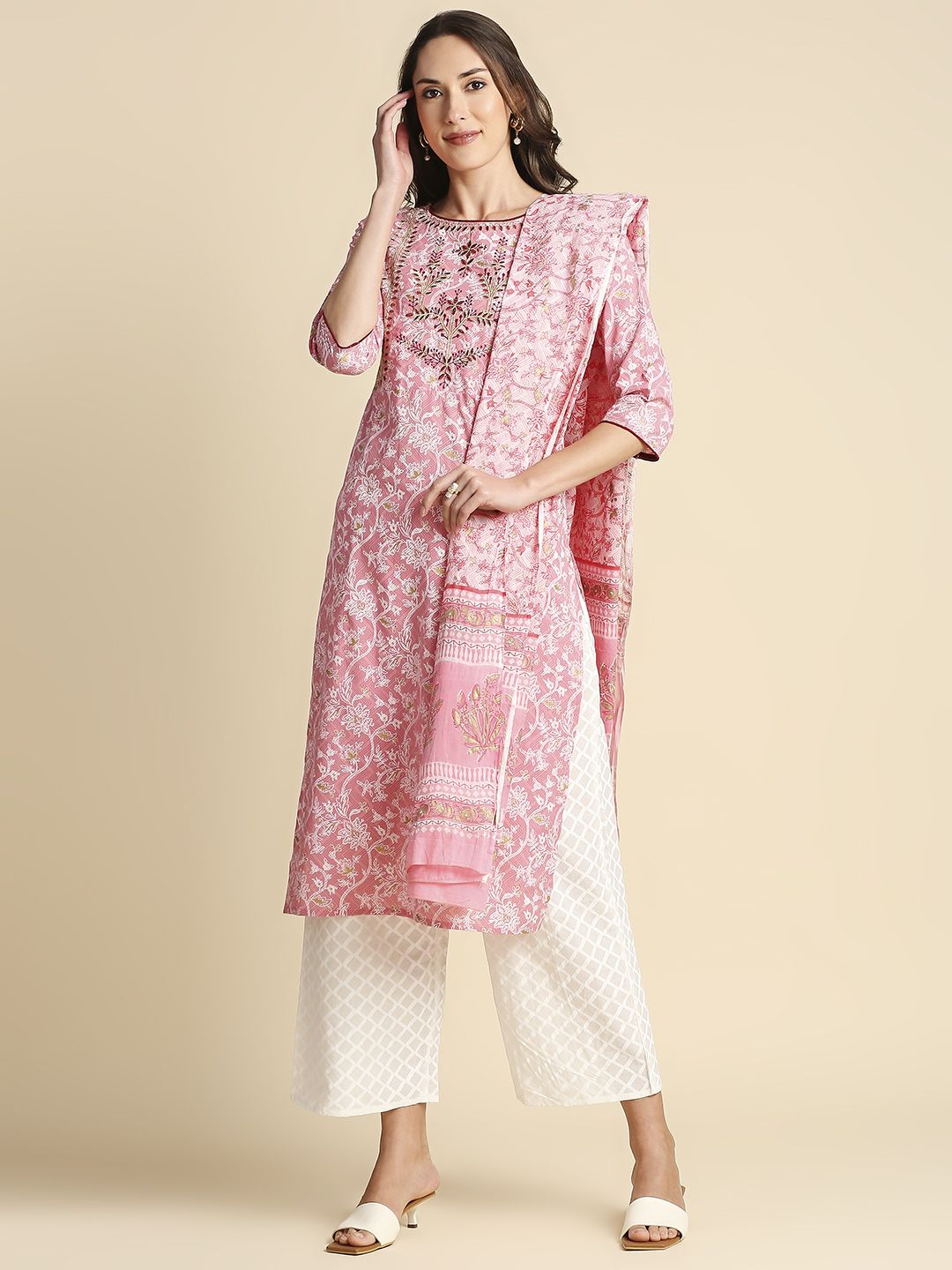 Anubhutee Women Pink Ethnic Motifs Printed Pure Cotton Kurta with Palazzos & Dupatta Price in India