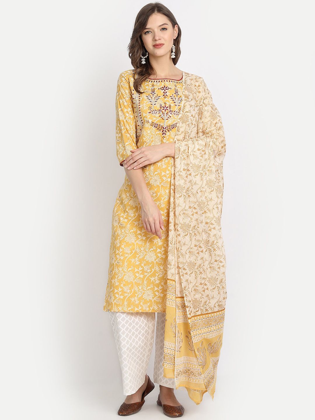 Anubhutee Women Yellow Ethnic Motifs Printed Panelled Pure Cotton Kurta with Salwar & With Dupatta Price in India