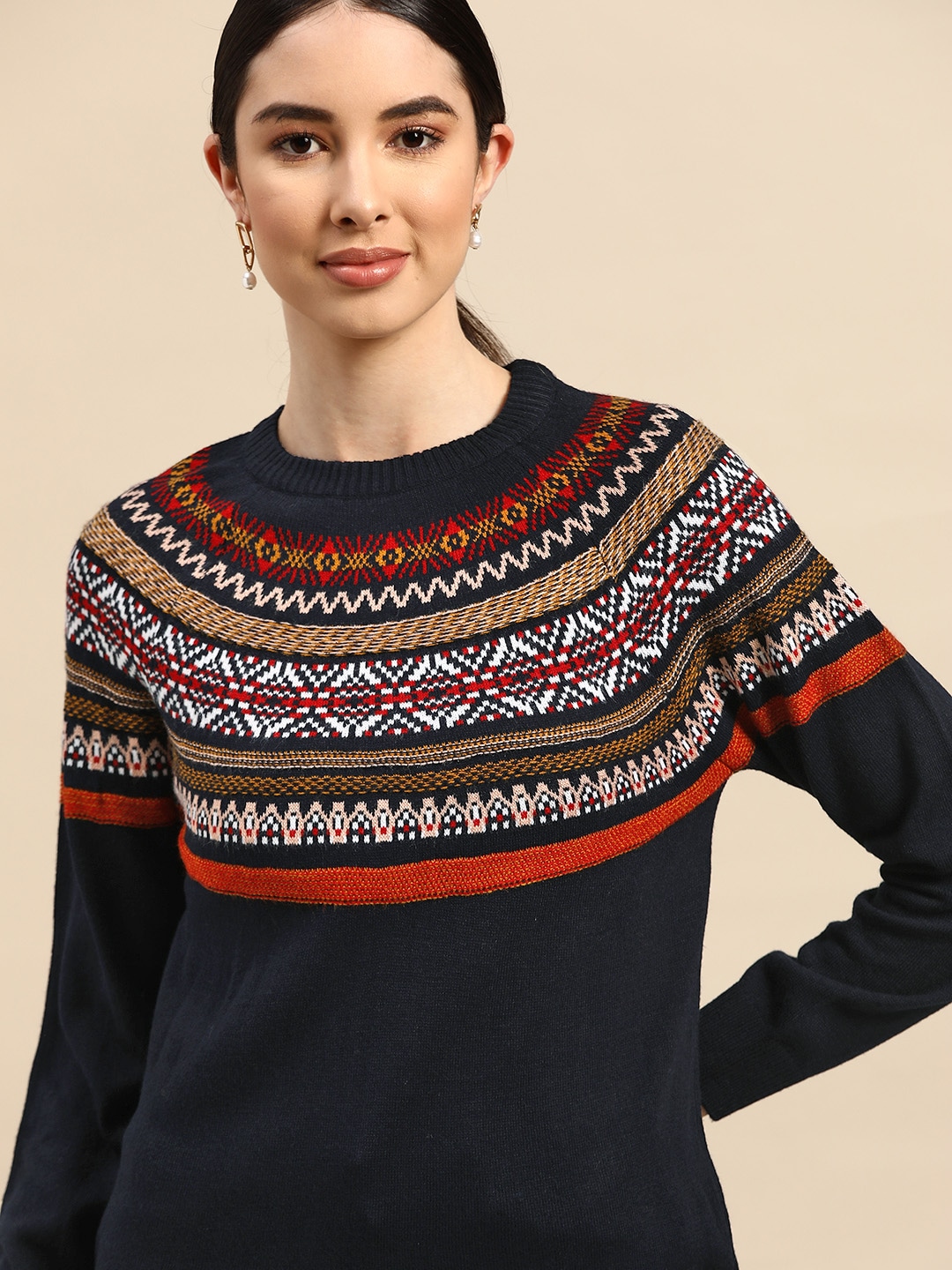 Anouk Women Navy Blue & Red Self Design Pullover Price in India