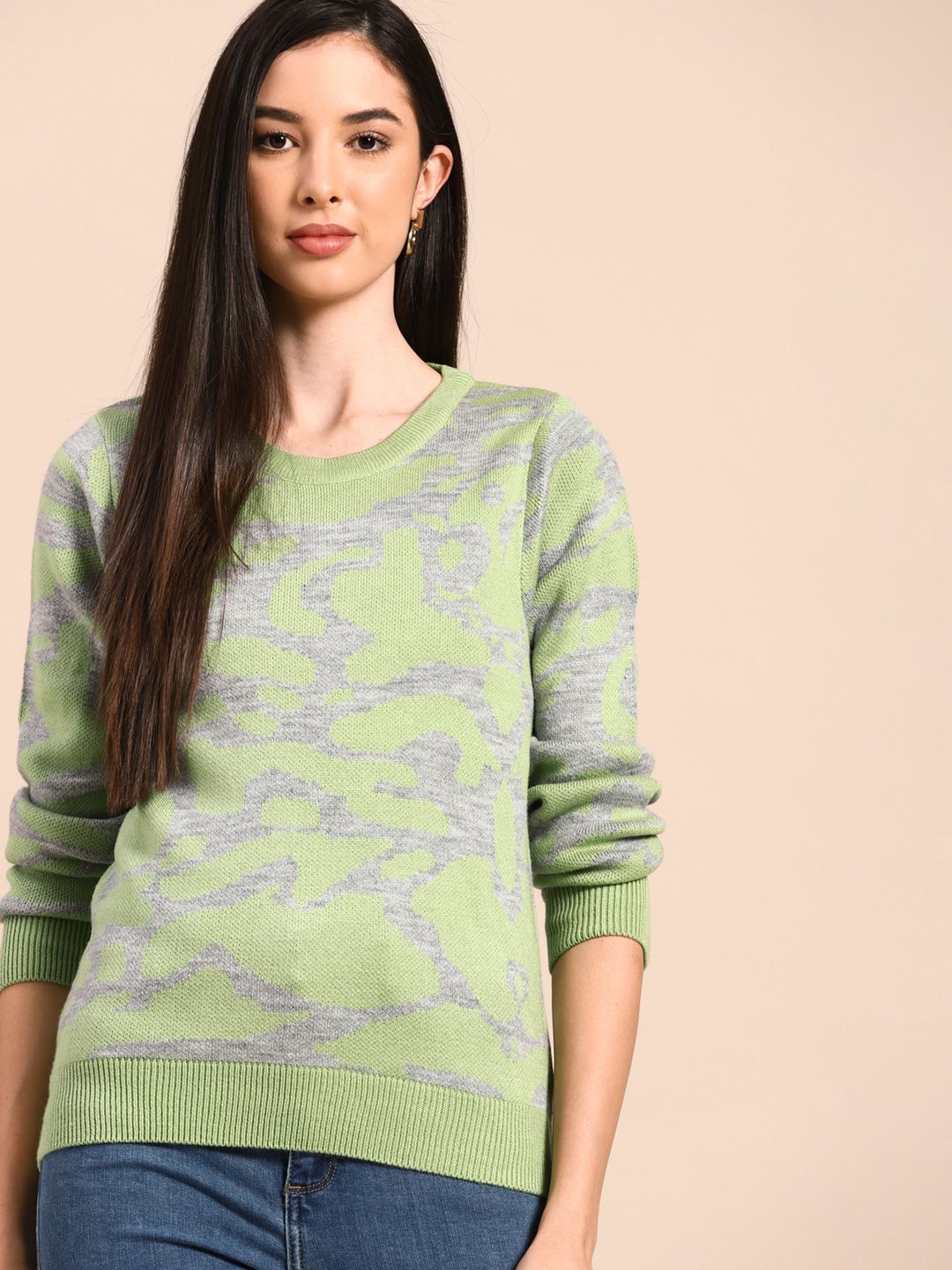 Anouk Women Green & Grey Melange Self-Design Pullover Price in India