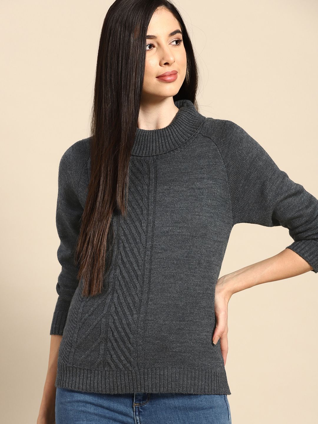 Anouk Women Charcoal Grey Cable Knit Detail Pullover Price in India
