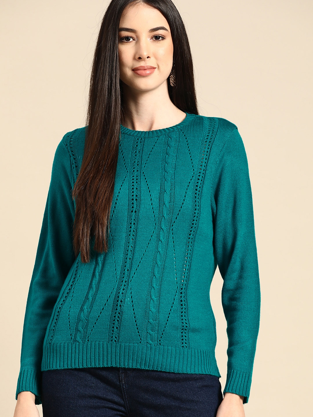 Anouk Women Teal Green Cable Knit Pullover Price in India