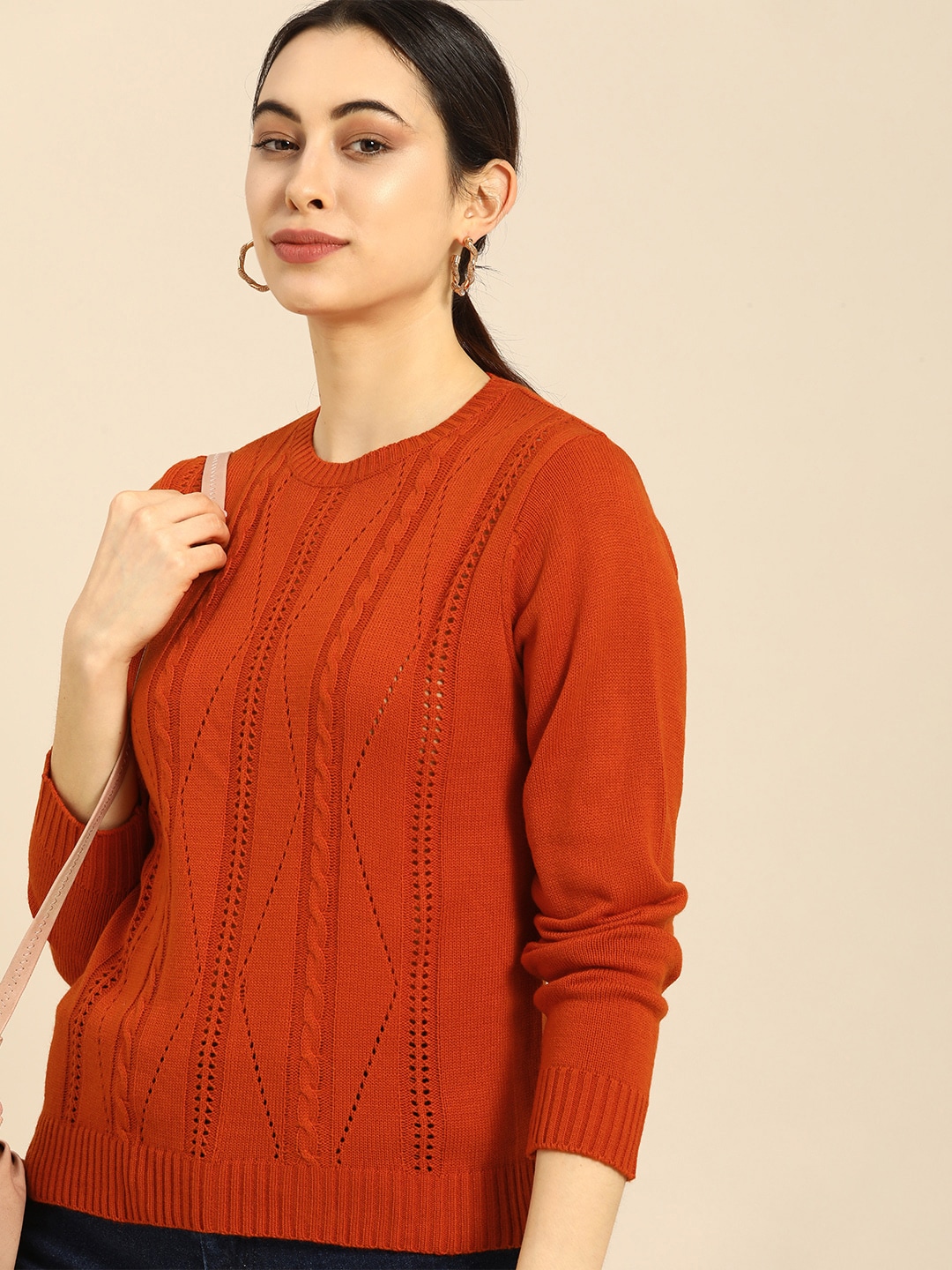 Anouk Women Orange Self Designed Long Sleeved Pullover Price in India