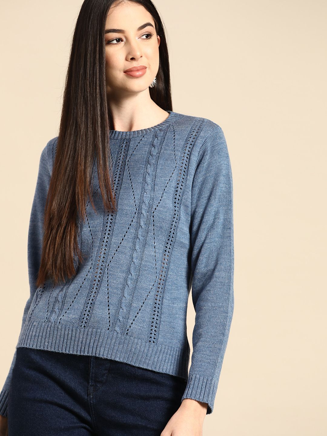 Anouk Women Blue Cable Knit Pullover Price in India