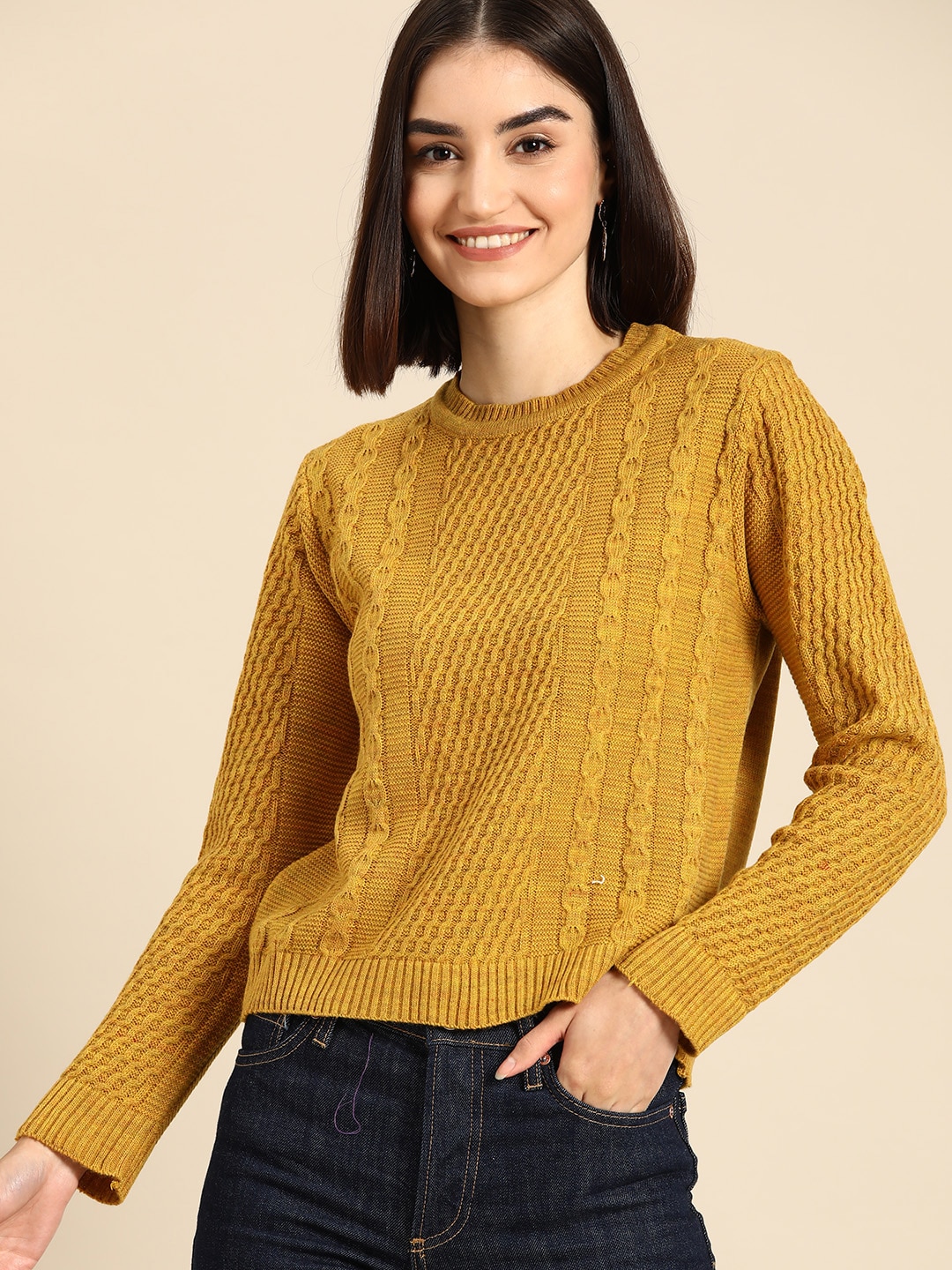 Anouk Women Mustard Yellow Solid Cable Knit Pullover Price in India