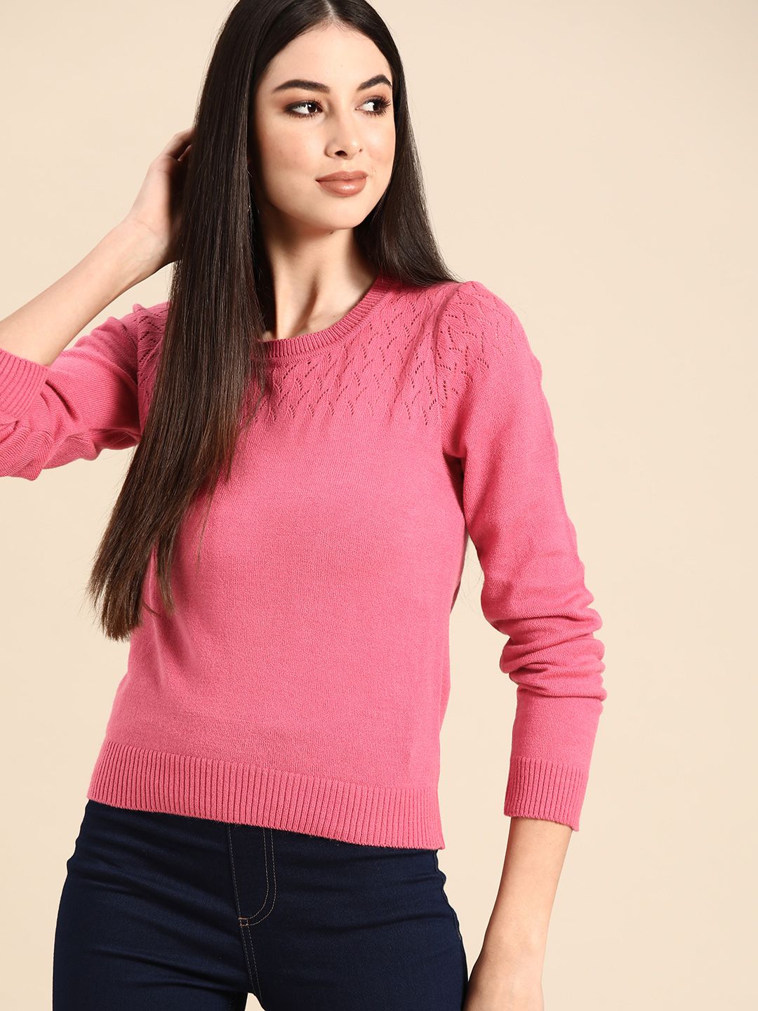 Anouk Women Pink Solid Acrylic Winter Pullover Sweater with Self-Design Detail Price in India